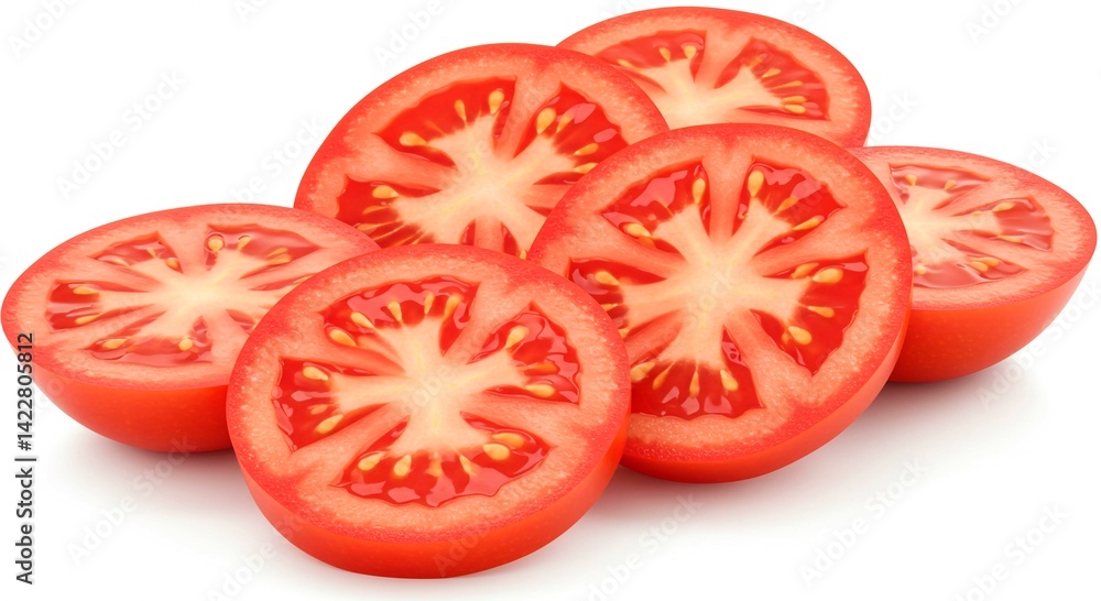 A group of sliced tomatoes arranged on a white surface showing the inner details and vibrant red color A group of sliced tomatoes arranged on a white surface showing the inner details and vibrant red color