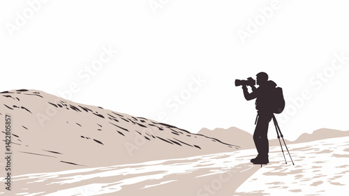 A minimalist vector illustration of a photographer silhouetted against a mountain desert with a camera on a tripod. The color palette is limited to beige and white.