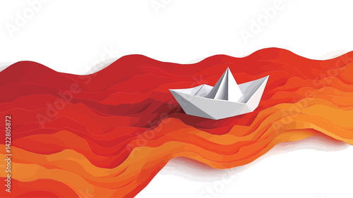 This work shows a minimalist composition with a small gray origami boat gracefully sailing on abstract waves. The waves are rendered in a dynamic style.