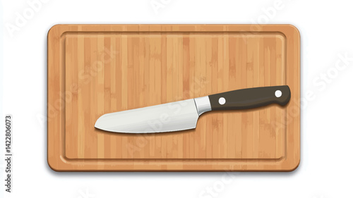 High angle close up studio photograph of a chef's knife placed in the center of a rectangular bamboo cutting board. The knife has a stainless steel blade with a slightly curved edge and a dark finish.