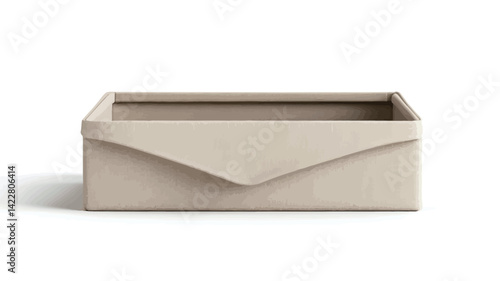 A high-key studio photo shows a rectangular storage box in a light beige hue. The box has a unique design element: an envelope-style lid that folds neatly over the top.