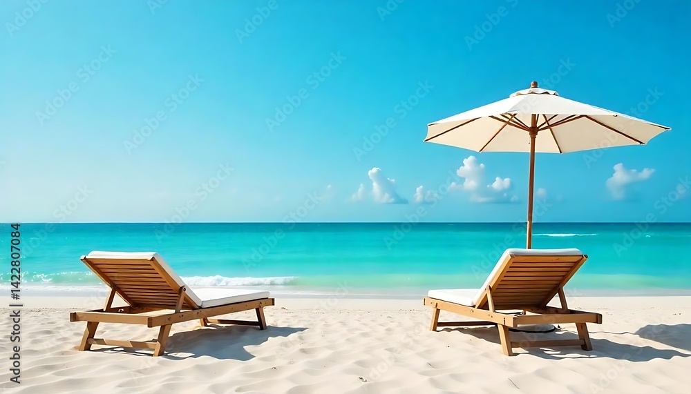 landscape summer vacation holiday travel ocean sea beach background banner panorama - Wooden sun loungers, lounge chair and parasol on the sand, blue sky and sunshine, created with generative ai landscape summer vacation holiday travel ocean sea beach background banner panorama - Wooden sun loungers, lounge chair and parasol on the sand, blue sky and sunshine, created with generative ai