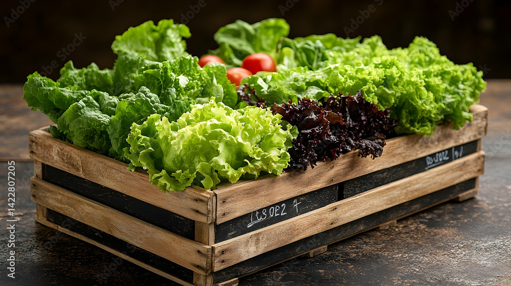 Freshly harvested lettuce and tomatoes in a rustic wooden crate on a textured background Freshly harvested lettuce and tomatoes in a rustic wooden crate on a textured background