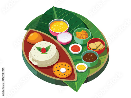 A traditional Indian thali platter. The plate should include colorful dishes like rice, curry, naan bread, and a side of raita. The foods should be neatly arranged on the plate