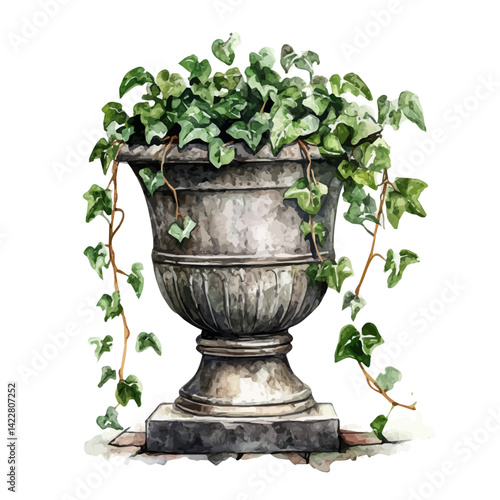 Classic Urn Planter With Ivy Trailing Down, vector watercolor illustration, isolated on a white background.