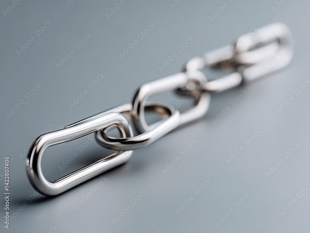 Fototapeta premium Shiny metal chain link on a neutral grey background, strength concept