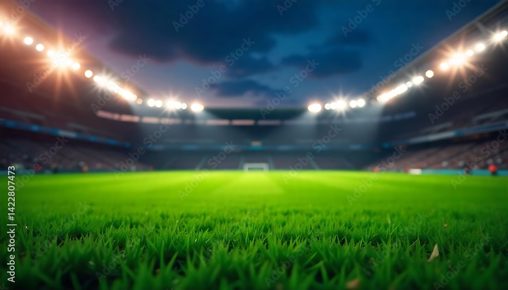 Fototapeta premium football stadium with lights, grass in sports arena - background, Low angle view of sports field in stadium at night, created with generative ai