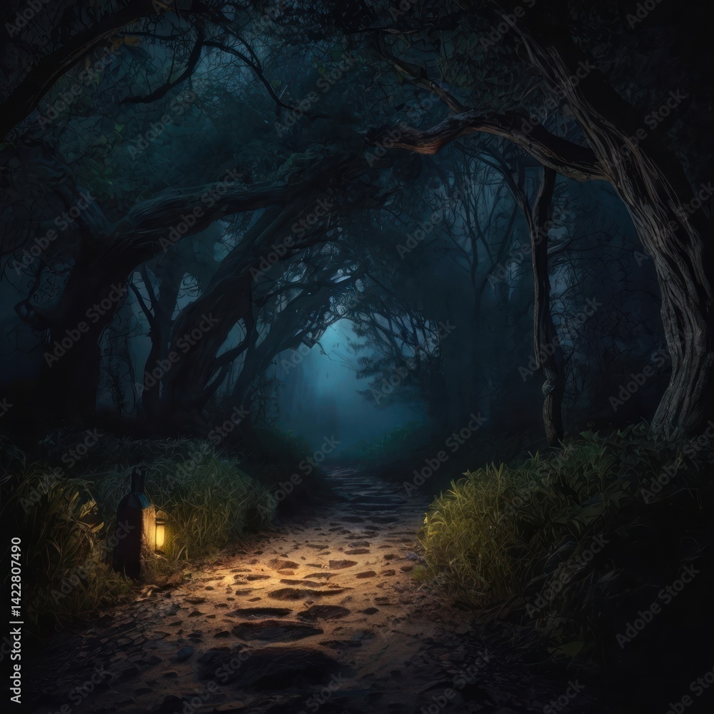 Fototapeta premium Create a captivating introductory image with mysterious elements, such as a night-time clearing or a winding path, to set the tone for the exploration of the mystery.