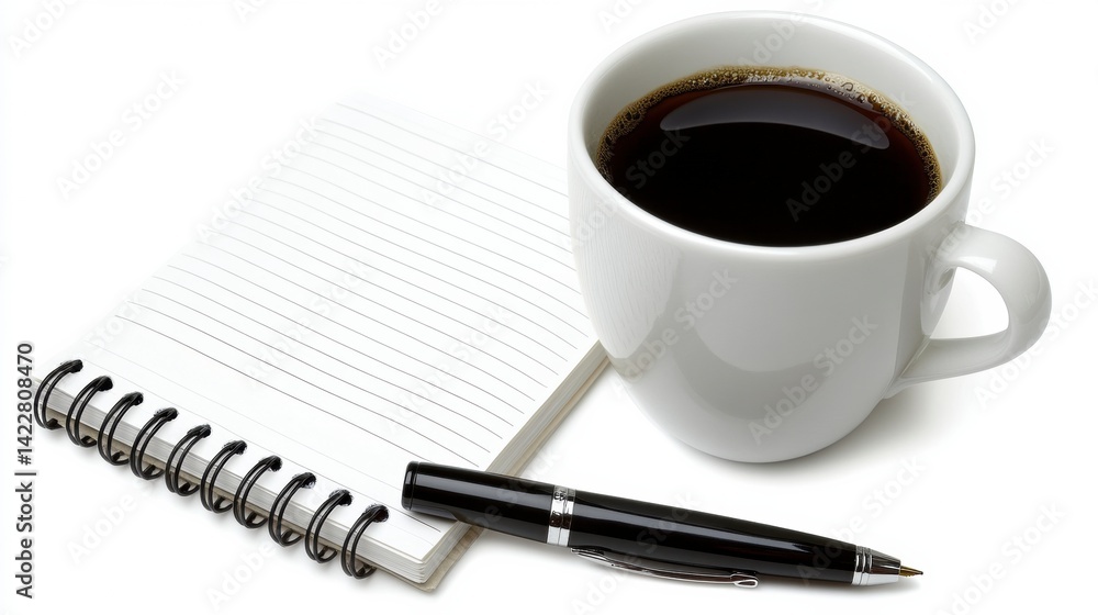 White Coffee Cup and Notepad with Black Pen on White Background White Coffee Cup and Notepad with Black Pen on White Background