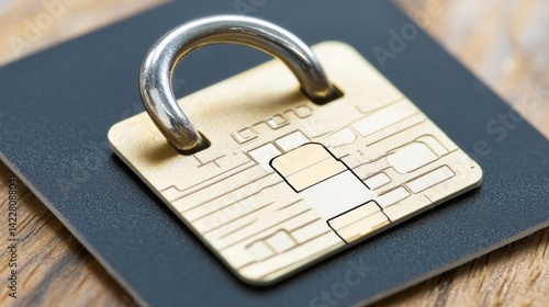 Closeup of Gold Credit Card Chip with Metal Ring on Dark Surface