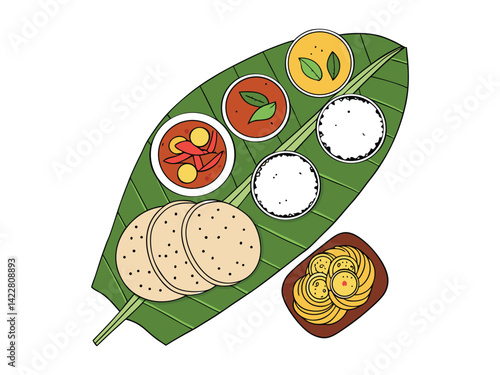 A traditional Indian thali platter. The plate should include colorful dishes like rice, curry, naan bread, and a side of raita. The foods should be neatly arranged on the plate