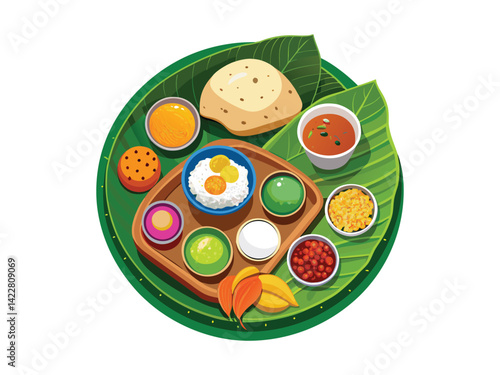 A traditional Indian thali platter. The plate should include colorful dishes like rice, curry, naan bread, and a side of raita. The foods should be neatly arranged on the plate