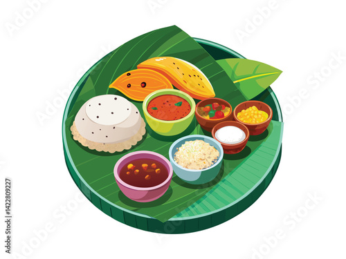 A traditional Indian thali platter. The plate should include colorful dishes like rice, curry, naan bread, and a side of raita. The foods should be neatly arranged on the plate