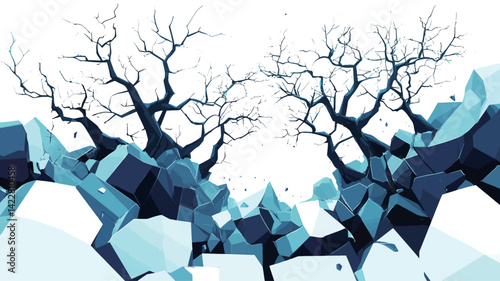 The work is a stylized abstract depiction of two leafless trees set within a geometric crystalline structure. The trees appear as dark silhouettes with bare branches.