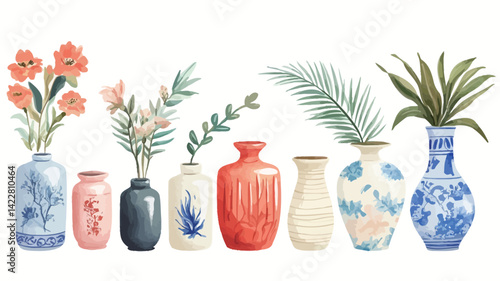 A digital watercolor painting shows a carefully arranged assortment of vases, each uniquely styled and filled with a variety of flowers and greenery.