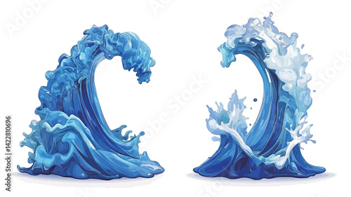This 3D rendering shows two stylized abstract ocean wave patterns. The waves are rendered in different shades of blue, creating a gradient effect that conveys depth and movement.