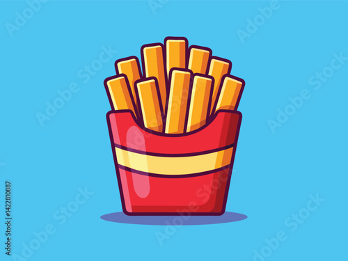 Crispy French Fries in Red Takeout Container with Blue Background. Vector Illustration