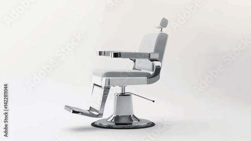 This three-quarter view of a modern barber chair is set against a plain white background. The chair is predominantly white with polished chrome accents and clean lines.