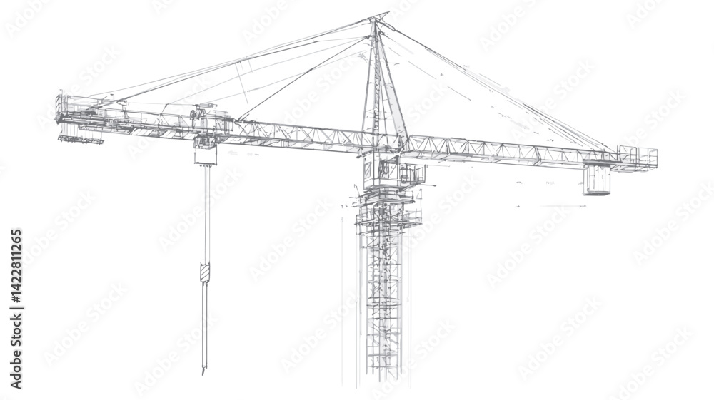 A high-contrast, monochrome line rendering of a tower crane, presented as a detailed technical drawing. The image accurately shows the crane's structural elements, emphasizing its verticality. A high-contrast, monochrome line rendering of a tower crane, presented as a detailed technical drawing. The image accurately shows the crane's structural elements, emphasizing its verticality.