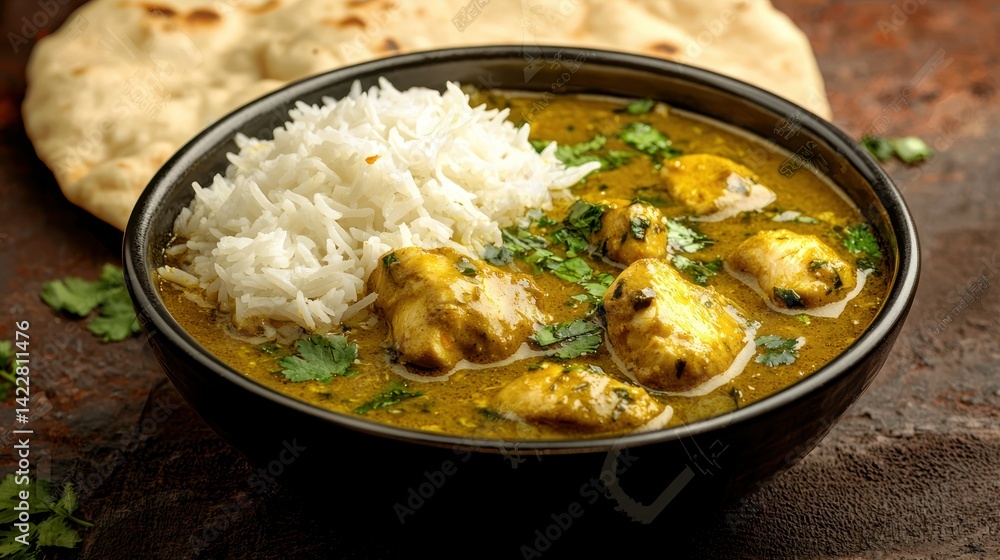 A bowl of chicken curry with rich, creamy sauce, served with steamed rice and naan bread on a rustic table. A bowl of chicken curry with rich, creamy sauce, served with steamed rice and naan bread on a rustic table.