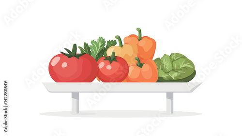 A digital illustration shows a carefully arranged still life composition featuring an assortment of fresh vegetables: two ripe red tomatoes (one slightly smaller) and a bright orange bell pepper.
