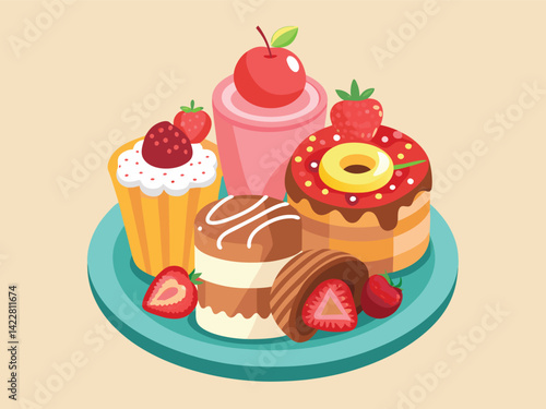 A plate with a variety of desserts, including chocolate cake with strawberries, strawberry cheesecake, a donut with red glaze, a cake with cream and a raspberry, and pink swiss rolls	

