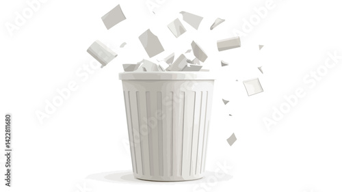 High key studio photo depicting a vertical arrangement of white cylindrical cups or containers against a pure white background. Many small irregularly shaped white pieces