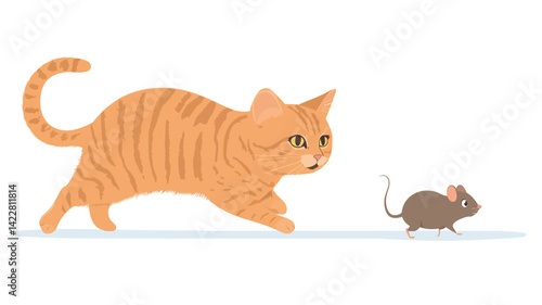 A stylized vector illustration depicts an orange tabby cat in motion, rendered in a simplified, almost cartoonish manner. The cat's coat is represented by bold, parallel orange stripes on a lighter