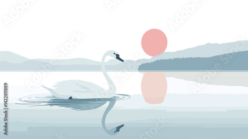 A minimalist digital illustration depicting a single swan gracefully gliding on a serene lake. The swan's white plumage contrasts softly against the cool-toned water, which reflects a muted pastel