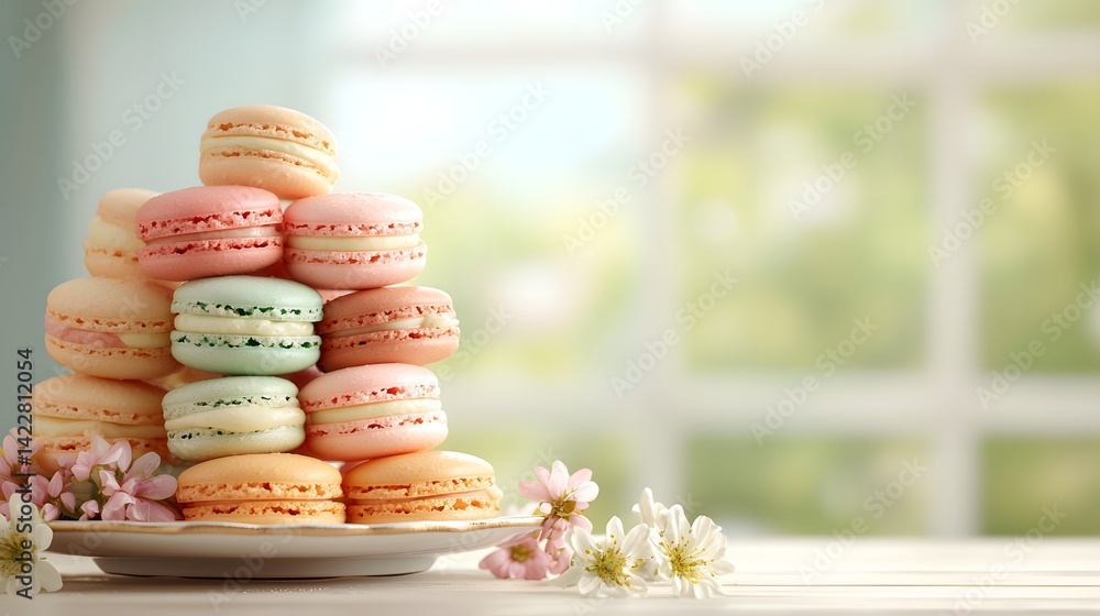 Fototapeta premium Delicate and visually appealing pastries in various pastel colors stacked and arranged neatly on a plate set against the natural light and softness of a window backdrop