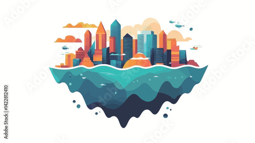 A digitally rendered illustration depicting a stylized cityscape floating on water. The city is rendered in a flat vector style with bold, saturated colors, primarily orange and blue.