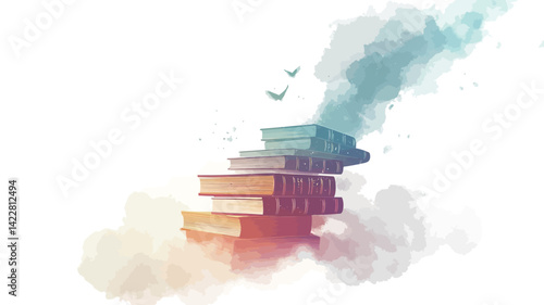 This image features a digitally manipulated composition of a stack of books arranged to form a stairway leading up to a dreamy, ethereal sky. The focus on the books has been softened.