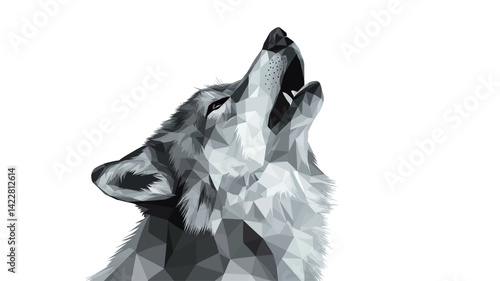 Low polygonal rendered close-up illustration of a wolf head. The image is in a monochrome grayscale palette with different shades of gray and white creating a textured effect.
