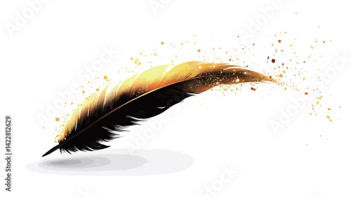 A high-resolution digital illustration depicts a feather that is primarily black at the base, transitioning to a bright gold color at the tip. The feather is rendered in a dynamic manner.