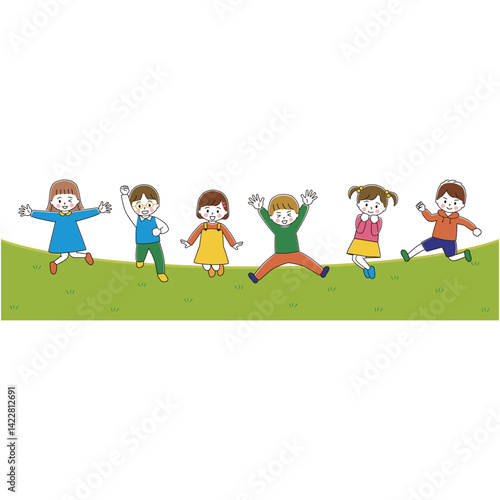 ジャンプする子どもたちのイラストセット　芝生
