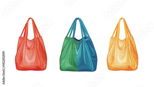 digital illustration shows three reusable shopping bags against a pure white background. Each bag has a smooth, shiny texture, suggesting that they are made of plastic or a similar material.