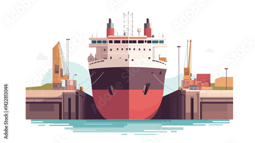 stylized vector illustration of a large cargo ship with the center of the ship facing the viewer. The hull is predominantly red, contrasting with the white superstructure, which carries a.