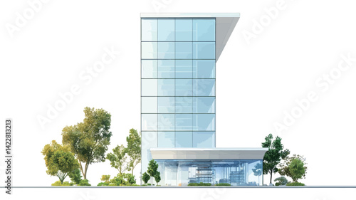 The image shows a digital rendering of a modern high-rise office building. The building features a smooth glass curtain wall with a unique geometric design. The glass reflects light.
