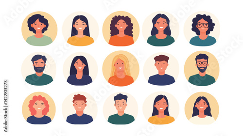This digital illustration contains sixteen different avatar icons arranged in a grid on a white background. Each avatar is a stylized, simplified portrait, presented in a circle.