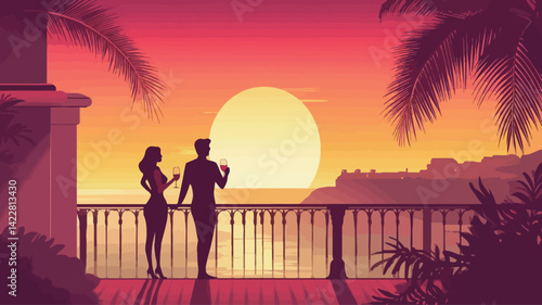 This vector illustration depicts a silhouetted couple standing on a balcony overlooking a tropical sunset. The color palette is predominantly warm, with deep oranges, reds, and purples dominating