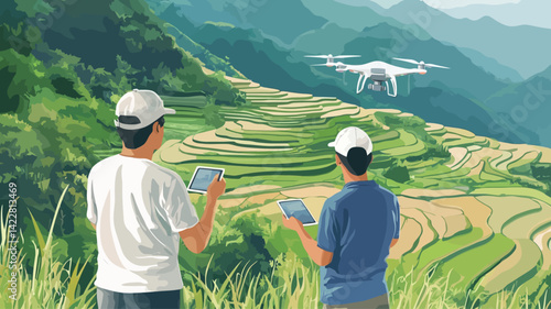 The work features a painterly digital illustration of two people against a backdrop of verdant terraced fields cascading down a mountainside.