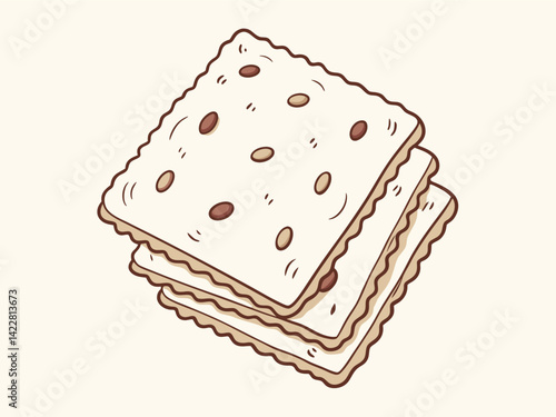 A square cracker with a wavy edge, small holes, and some brown spots on a white background