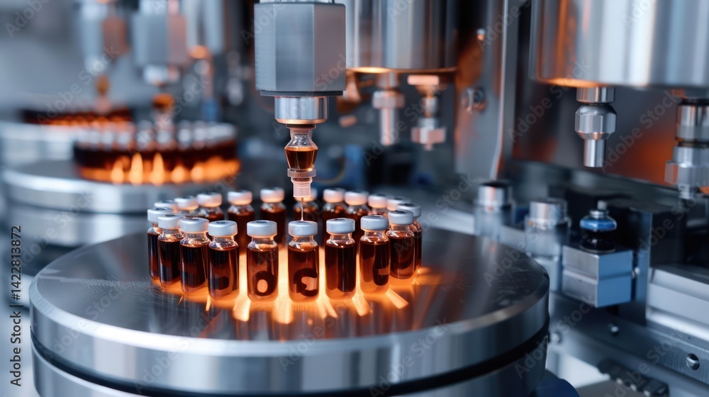 Automated machinery filling vials with vaccines in a manufacturing plant. Automated machinery filling vials with vaccines in a manufacturing plant.