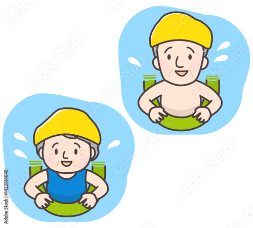 浮具を使って水中運動をするシニア男女のイラスト