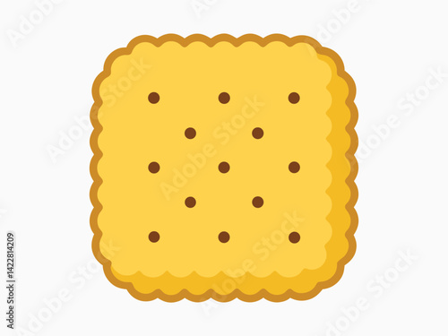 A square cracker with a wavy edge, small holes, and some brown spots on a white background