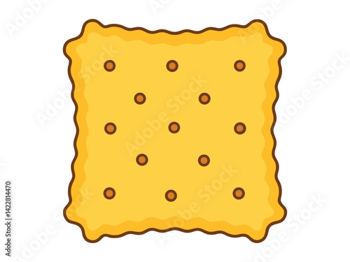 A square cracker with a wavy edge, small holes, and some brown spots on a white background