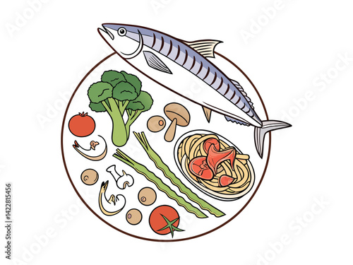 A mackerel on top of a plate with broccoli, mushrooms, tomatoes, asparagus, shrimp and pasta with sausage slices, on a white background