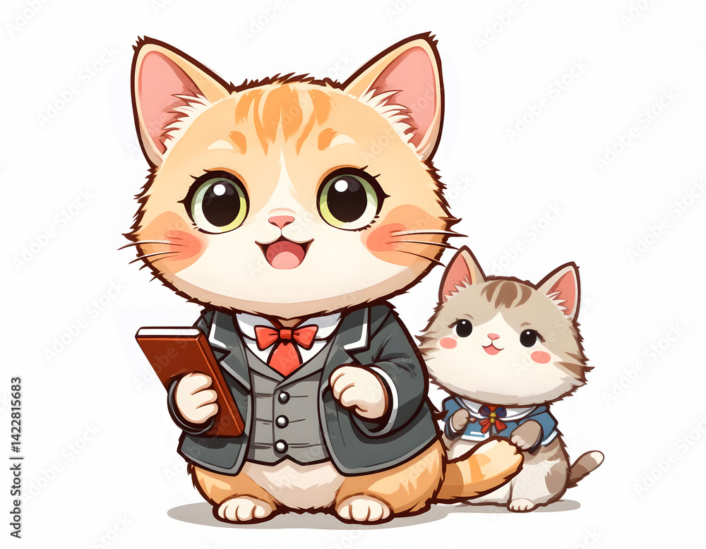 An adorable cartoon cat is dressed as a teacher holding a book, and it has a cute student kitten. An adorable cartoon cat is dressed as a teacher holding a book, and it has a cute student kitten.