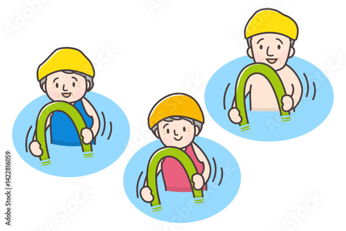 プールで浮具を使ってエクササイズをするシニア3人のイラスト