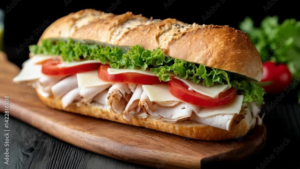 Delicious sandwich loaded with fresh vegetables and savory meat ingredients perfect for a hearty meal or snack time Delicious sandwich loaded with fresh vegetables and savory meat ingredients perfect for a hearty meal or snack time